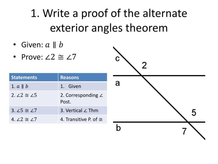 PPT - 1. Write a proof of the alternate exterior angles theorem <div class=